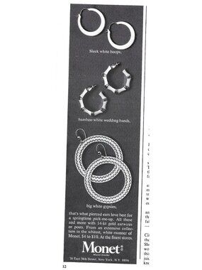 Print Ad Sleek Hoop Earrings Monet Jewelry Classic Design Vintage 1973 ADVERT